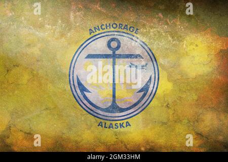 Vue de dessus du comté rétro d'Anchorage, drapeau de l'Alaska avec texture grunge, Etats-Unis, pas de mât. Présentation de la conception de plan. Arrière-plan drapeau Banque D'Images