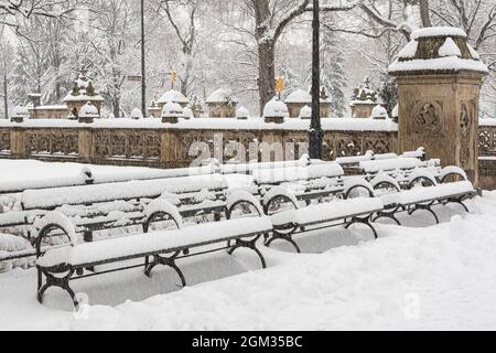 Le Mall at Central Park pendant une tempête de neige crée une belle scène hivernale. Cette image est disponible en couleur ainsi qu'en noir et blanc. Pour afficher Banque D'Images