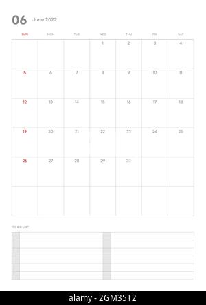 Illustration du modèle de calendrier de juin 2022. Remarque, planificateur, agenda, illustration du modèle de document du planificateur. Banque D'Images