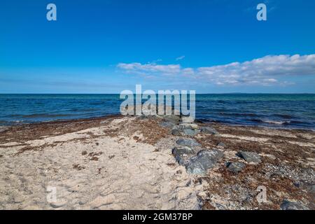 Un mur de pierre sur la mer Baltique, baie de Hohwachter, Allemagne. Banque D'Images