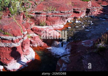 Eau froide qui traverse le Red Rock Canyon dans le parc national des Lacs-Waterton, au Montana Banque D'Images