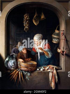 Hareng Seller and Boy par Gerrit Dou (1613-1675), huile sur panneau, 1664 Banque D'Images