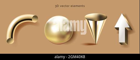 Ensemble de formes géométriques 3D, fond marron. Bannière de figurines mathématiques décoratives. Illustration du cône doré, de la sphère, du tube et du vecteur de flèche dans Illustration de Vecteur
