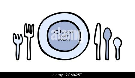 Ensemble de couverts et d'assiettes en forme de caniche. Plaque, fourchettes, couteaux et cuillères. Lettrage Choisissez votre menu. Illustration vectorielle. Illustration de Vecteur