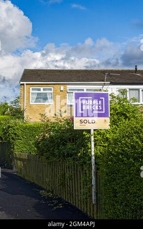 Vendu signe sur une maison par l'agent immobilier en ligne Purple Bricks. Banque D'Images