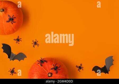 Composition d'Halloween de citrouilles et de chauves-souris et araignées noires de dessin animé sur fond orange. Toile de fond lumineuse pour vos vacances. Plat tendance et créatif avec emplacement pour le texte. Banque D'Images