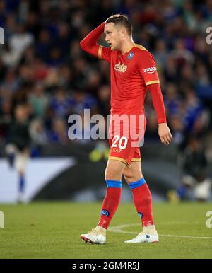 Piotr Zielinski de Napoli réagit pendant Leicester City v Napoli, match de football de l'UEFA Europa League, stade King Power, Leicester, Royaume-Uni. 16 septembre 2021. Crédit : Michael Zemanek/Alamy Live News Banque D'Images