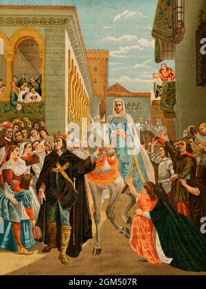 Henri IV de Castille (1425-1474), l'impuissance, présentant sa sœur Doña Isabella (la future reine Isabella I le catholique) à la ville de Ségovie. Chromolithography. Historia général de España (Histoire générale de l'Espagne), par Miguel Morayta. Volume III Madrid, 1890. Banque D'Images