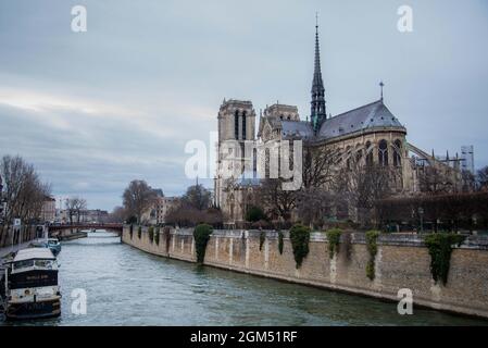 Vue sur la Siene avec notre Dame de Paris de l'autre côté. Perspective unique Banque D'Images