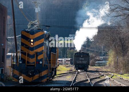 Une locomotive à vapeur sur les voies ferrées dans les Great Smoky Mountains Banque D'Images