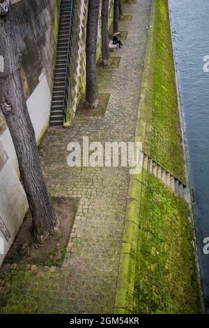 Rivière Siene, Paris, France. Formes géométriques de l'herbe, des arbres, de l'eau. Sujet caché fille sur le banc de regarder le monde passer. Banque D'Images