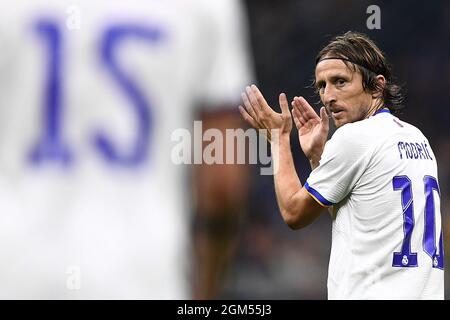 Milan, Italie. 15 septembre 2021. Luka Modric du Real Madrid CF réagit lors du match de football de la Ligue des champions de l'UEFA entre le FC Internazionale et le Real Madrid CF. Credit: Nicolò Campo/Alay Live News Banque D'Images