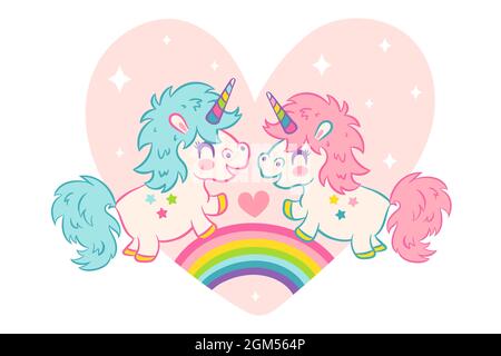 Carte de vœux vectorielle avec de mignons monocornes dans le style kawaii. Carte vectorielle mignon unicorns pour la Saint-Valentin. Illustration de Vecteur