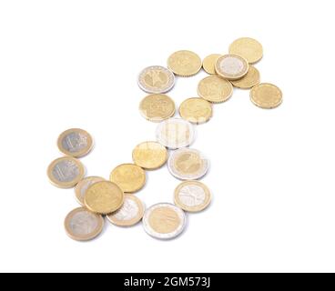 Signe dollar fait de pièces sur fond blanc Banque D'Images