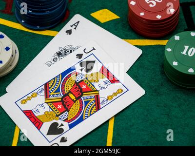 cartes avec ace et jack of spades, en marquant avec black jack Banque D'Images