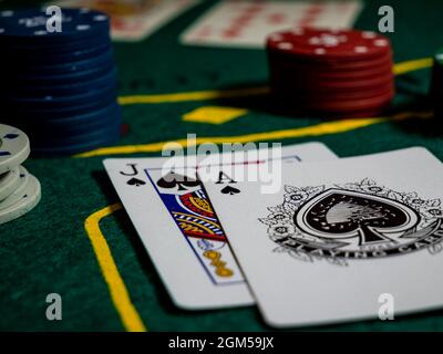 cartes avec ace et jack of spades, en marquant avec black jack Banque D'Images