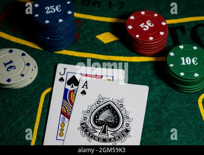 cartes avec ace et jack of spades, en marquant avec black jack Banque D'Images