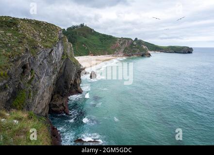 Falaises de la plage d'Andrin à Llanes Asturias Espagne, paysage de bord de mer avec eaux turquoise, falaises vertes et une plage de sable blanchâtre, horizontale Banque D'Images