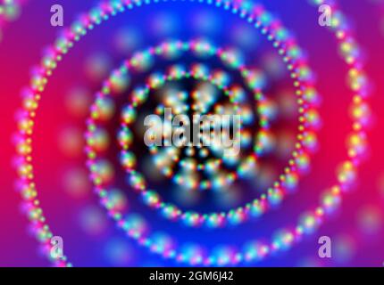 Cercles en spirale de guirlande de néon abstraits avec grille de lumières brillantes sur fond bleu. Illustration de Vecteur