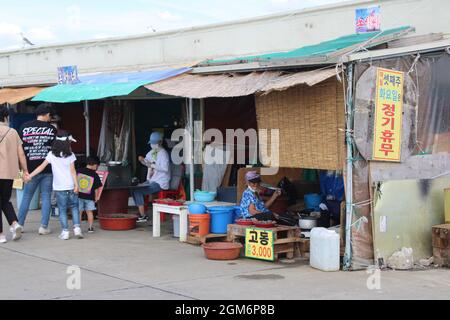 Femme âgée vendant des mollusques et crustacés sur le marché du Parc marin d'Oido, à Oido, en Corée Banque D'Images