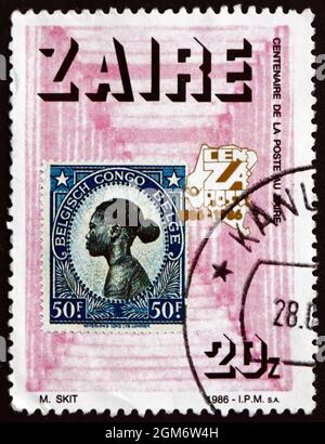 ZAÏRE - VERS 1986 : timbre imprimé au Zaïre dédié aux timbres-poste, centenaire, vers 1986 Banque D'Images