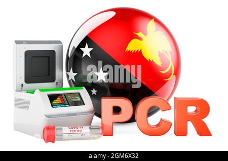 Test PCR pour COVID-19 en Papouasie-Nouvelle-Guinée, concept. Thermocycleur PCR avec drapeau néo-guinéen de Papuan, rendu 3D isolé sur fond blanc Banque D'Images