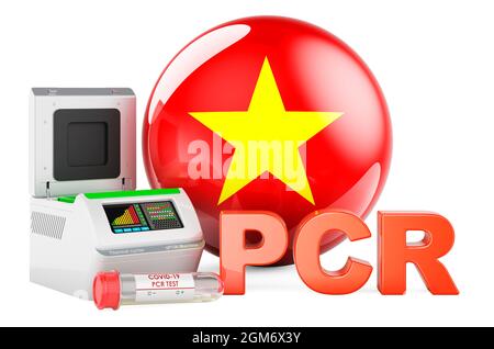 Test PCR pour COVID-19 au Vietnam, concept. Thermocycleur PCR avec drapeau vietnamien, rendu 3D isolé sur fond blanc Banque D'Images