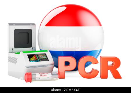 Test PCR pour COVID-19 au Luxembourg, concept. Thermocycleur PCR avec drapeau luxembourgeois, rendu 3D isolé sur fond blanc Banque D'Images