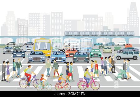 Grande ville avec des piétons sur le passage de côté et l'illustration des transports publics Illustration de Vecteur