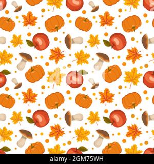 Motif sans couture avec champignons, citrouilles, pommes et feuilles d'érable. Imprimé automnal brillant avec des cadeaux de la nature rouges et orange Illustration de Vecteur