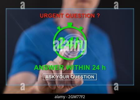 Homme touchant un concept de questions urgentes sur un écran tactile avec son doigt Banque D'Images