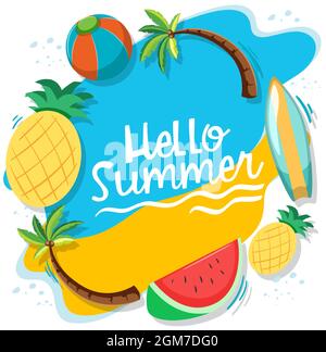 Bannière du logo Hello Summer avec illustration isolée des fruits tropicaux Illustration de Vecteur