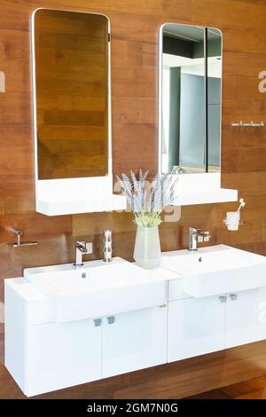 Salle de bains blanche avec parquet et mur, meuble-lavabo blanc avec double lavabo et miroir élégant dans la salle de bains Banque D'Images