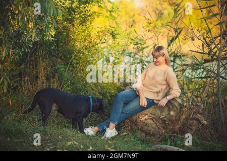 Une femme blonde dans un pull tricoté avec une coupe courte est assise sur un arbre tombé et un chien noir rottweiler court dans la forêt. Promenade dans la nature Banque D'Images