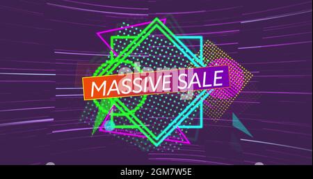 Image de texte de vente massive sur des formes de néon sur fond violet Banque D'Images