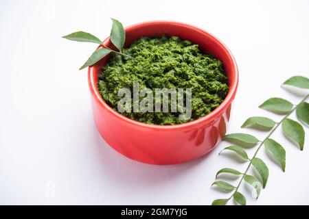 feuilles de curry ou chutney de kadi patta dans un bol Banque D'Images