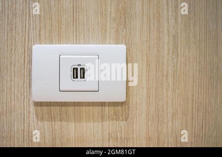 Port de prise USB avec icône de signalisation USB sur fond de mur en bois, prêt à l'emploi. Banque D'Images