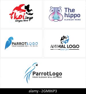 Logo de la ferme d'animaux de l'oiseau koi hippo perroquet Illustration de Vecteur