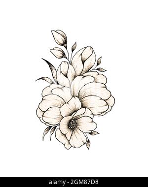 Bouquet de mariage vintage dessiné à la main, composition florale printanière, dessin à l'encre d'une belle illustration botanique et croquis floral noir Banque D'Images
