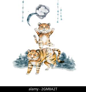 Mignons tigres pour bébés. Nature jungle safari aniaml. Style puéril.symbole de 2022. Illustration aquarelle dessinée à la main Banque D'Images