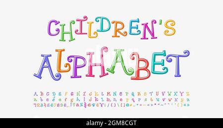 Alphabet curly multicolore et amusant. Police de dessin animé couleurs vives arc-en-ciel, majuscules et minuscules, chiffres, marques. Jeu de polices vectorielles. Illustration de Vecteur