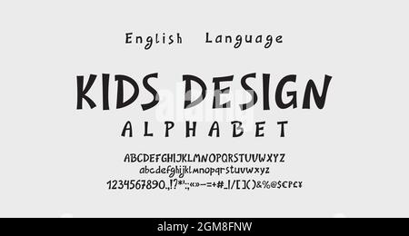 Alphabet créatif de dessin animé. Police vectorielle fantaisie dessinée à la main, majuscules et minuscules, chiffres, signes de ponctuation, symboles. Illustration de Vecteur