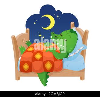 Un joli crocodile vert peut dormir dans un lit, recouvert d'une couette. Illustration vectorielle de style dessin animé Illustration de Vecteur