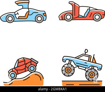 Conduite de véhicules spécialement modifiés jeu d'icônes de couleur RVB Illustration de Vecteur