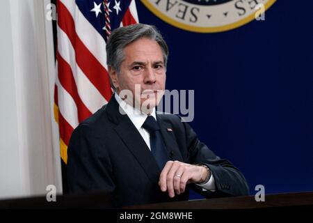 Le secrétaire d'État américain Antony Blinken participe au Forum virtuel des grandes économies de l'Auditorium de la Cour du Sud à la Maison Blanche à Washington le 17 septembre 2021. Photo de Yuri Gripas/ABACAPRESS.COM Banque D'Images