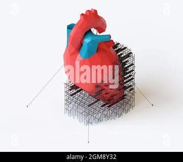 illustration 3d du concept de réparation du cœur humain à faible teneur en poly. Rendu 3d isométrique du cœur avec échafaudage Banque D'Images