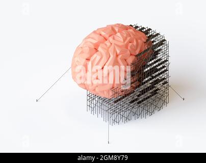 illustration 3d du concept de traitement ou de réparation du cerveau humain à faible teneur en poly. Rendu 3d isométrique du cerveau avec échafaudage Banque D'Images