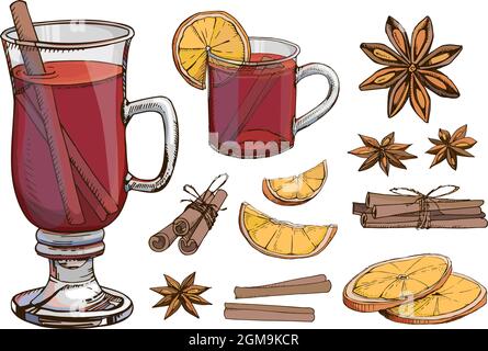 Ensemble de vecteur clipart à vin chaud. Boissons chaudes d'hiver. Boisson de Noël. Boisson populaire pour les vacances automnales du nouvel an. Illustrations isolées. Anis Illustration de Vecteur
