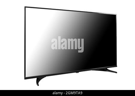Téléviseur noir isolé sur fond blanc vue latérale. Télévision moderne à écran plat. Banque D'Images