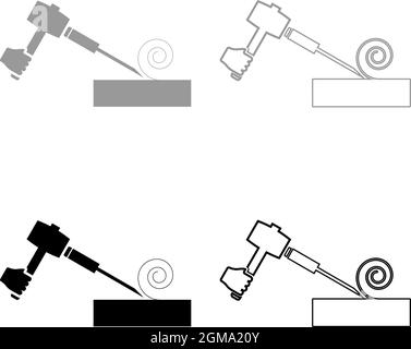 Marteau à bois avec burin utilisant des copeaux de surface de traitement utiliser un bras outil à bois ensemble de fraiseuses d'atelier icône gris noir vecteur de couleur illustration plat Illustration de Vecteur